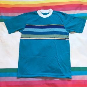 Turquoise 80s Striped Ringer T Shirt Men’s Small